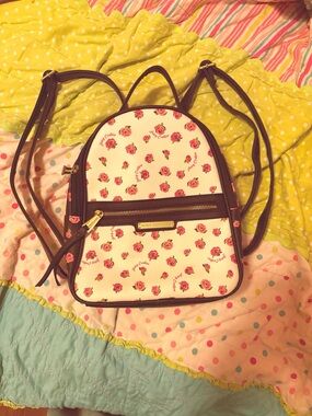 Juicy Couture Cream Mini Backpack with Pink Rose Print and Brown Trim